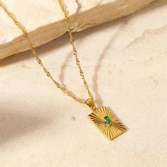 Emerald Green Cubic Zirconia 18K Gold Plated Stainless Steel Pendant Necklace - Picture 7 of 15